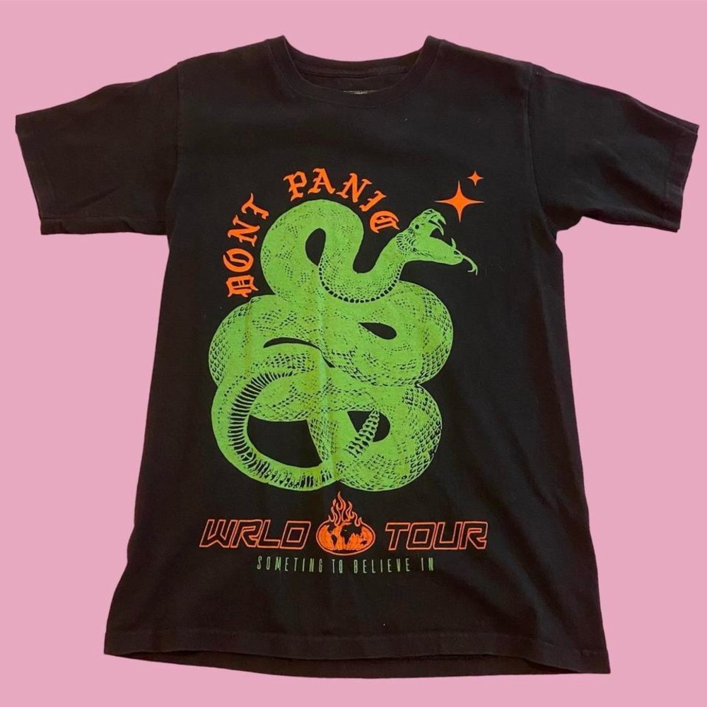 black, orange and green graphic tee